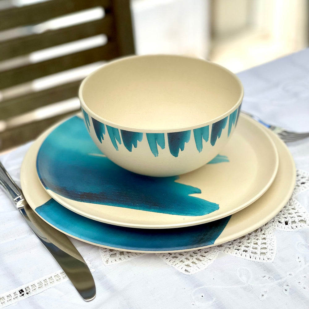  tableware setting of pasta bowl, side plate and dinner plate with blue and white modern wave print