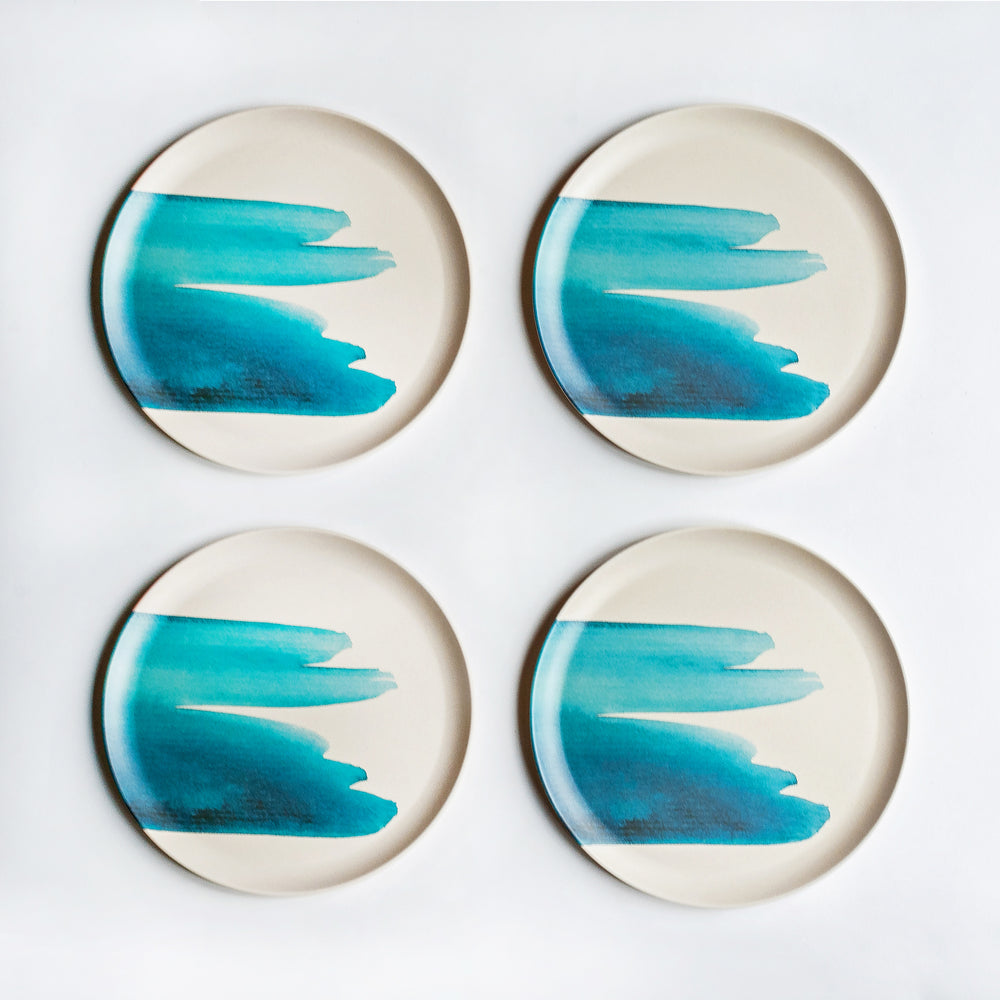 set of four bamboo plates d.22cm with blue wave print