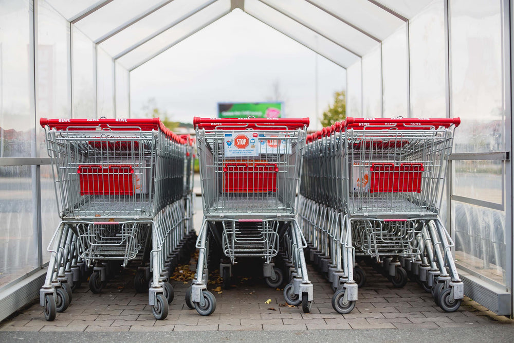 Photo of showing trolley's form a super market to introduce emilieoconnorhomestore's blog about conscious consumerism for inspiring people to buy less, choose wisely, eco friendly.