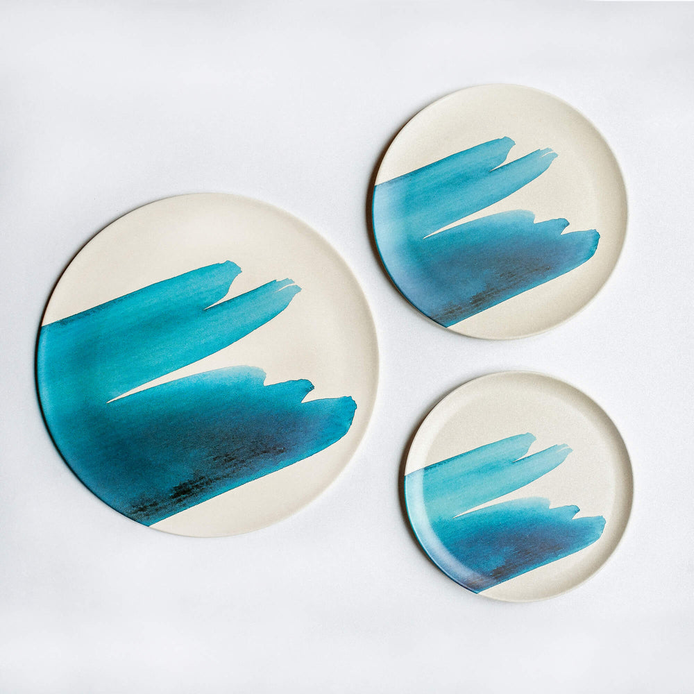 Bamboo platter set of three, with modern blue wave design