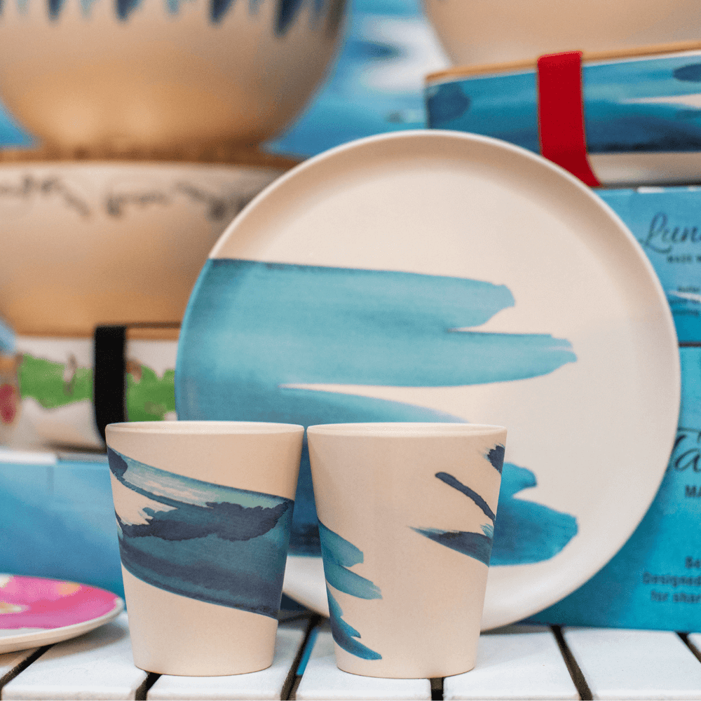 
                  
                    blue wave design on bamboo cups and plates
                  
                