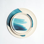 set of three bamboo serving plates with blue wave design