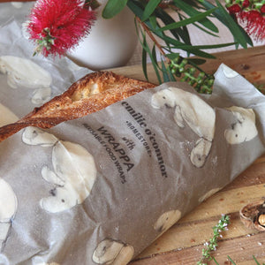 
                  
                    sourdough bread wrapped in large beeswax food wrap with dugong print
                  
                