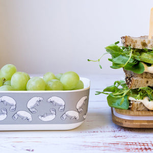 
                  
                    dugong bamboo lunch box filled grapes and sandwiches on wooden lid
                  
                