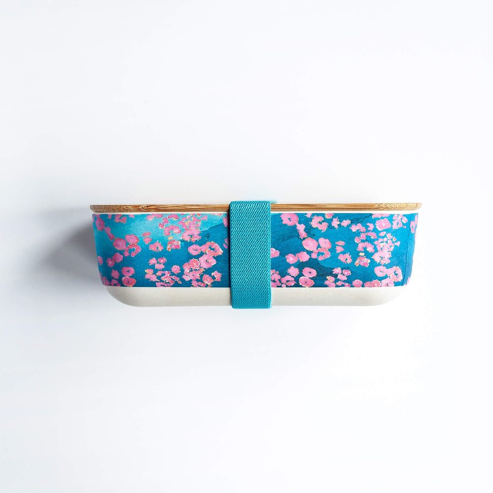 
                  
                    pink coral lunch box with bamboo lid and turquoise elastic strap
                  
                