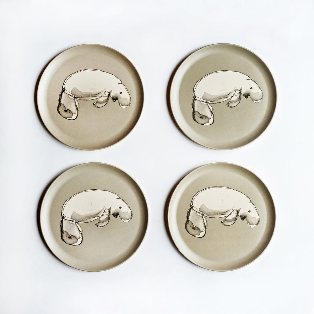 set of four bamboo side plates with dugong  prints