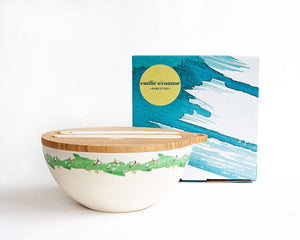 
                  
                    large serving bowl with wooden lid on top decorated with a band of green turtle. Behind printed bowl gift box is displayed.
                  
                