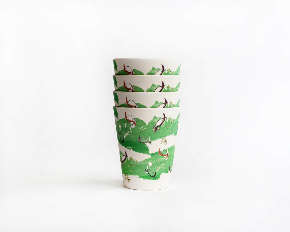 
                  
                    four bamboo cups stacked with green turtle print
                  
                