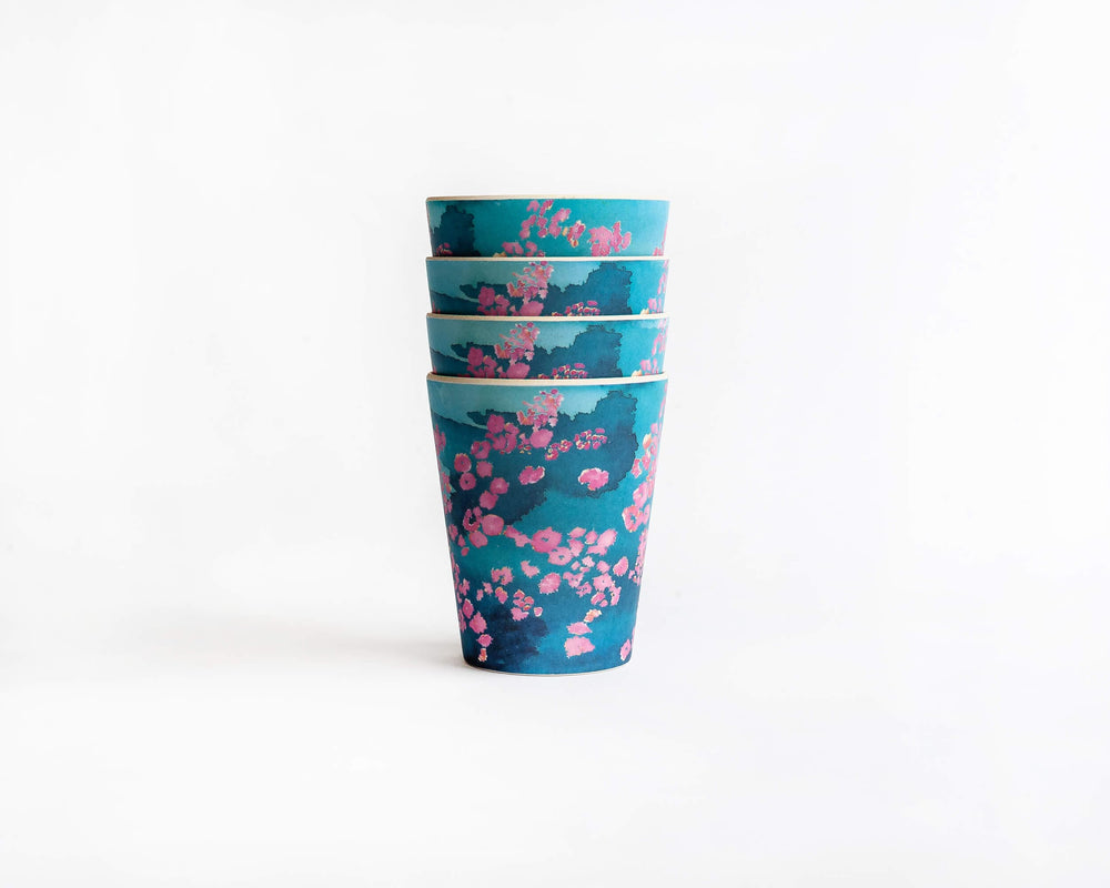 stack of four pink coral bamboo cups