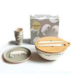 Bamboo dinnerware set for four, salad bowl, plates, cups,